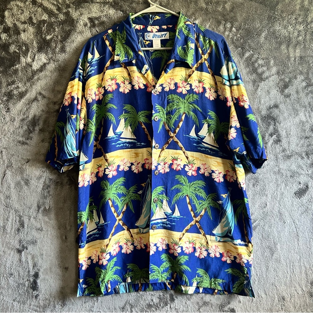 Utility Hawaiian Shirt Mens L Blue‎ Tropical Rayon Aloha Beach Camp